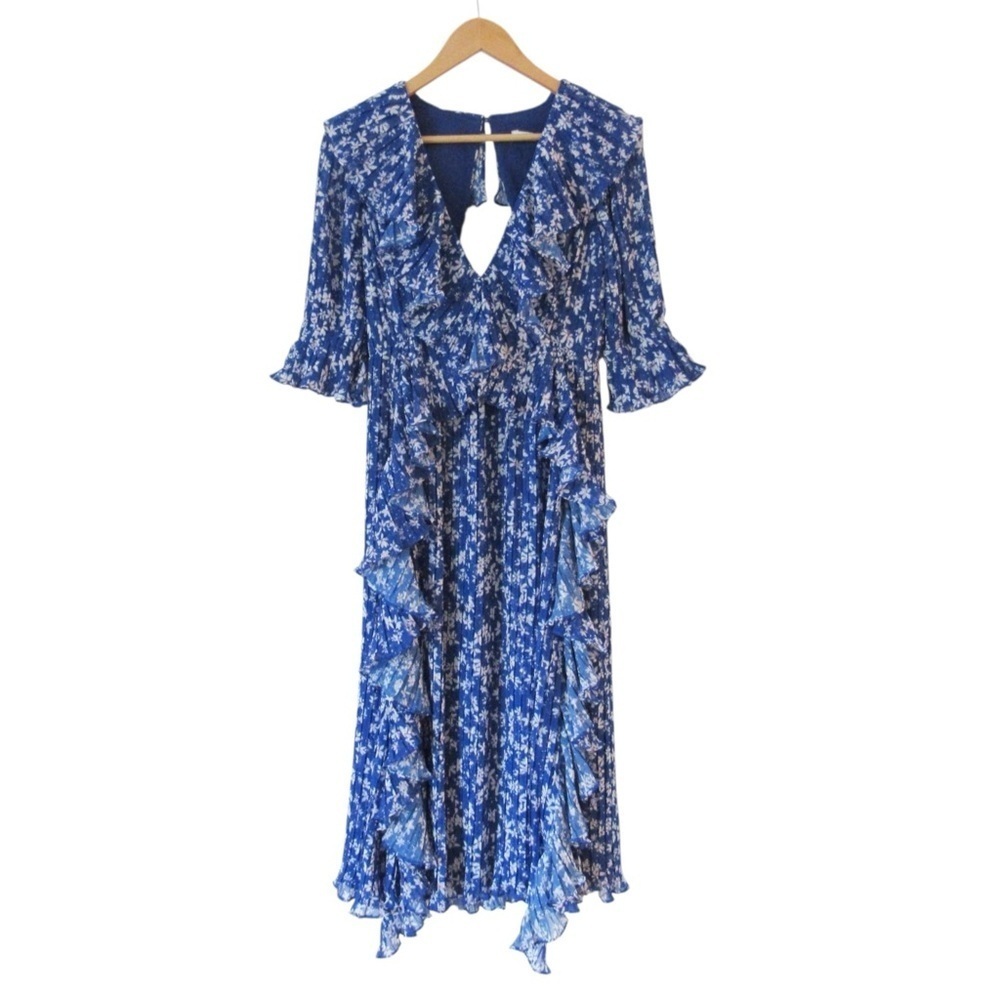 La Maison Talulah Mediterranean Minx Midi Dress Medium Blue Floral Boho Ruffles